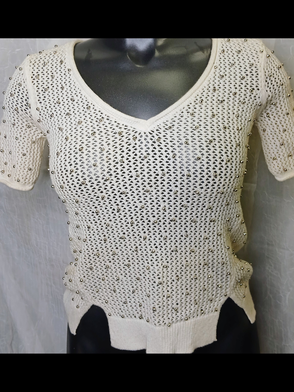 Jennifer Lopez Cream Studded Open-Knit V-Neck Sweater